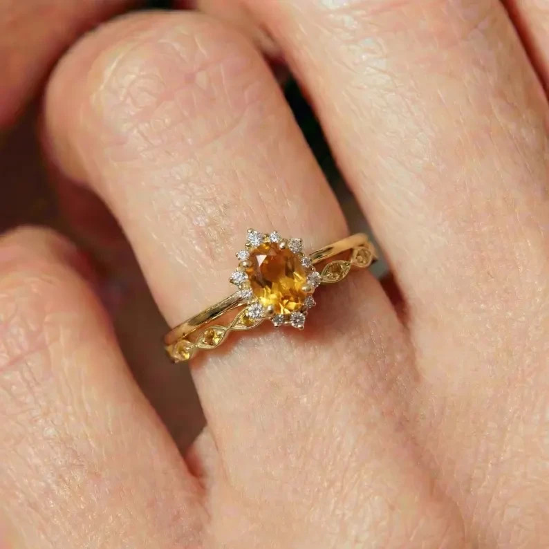 14k Yellow Gold Plated 2.00Ct Round Cut Simulated Citrine Womens Bridal Ring Set