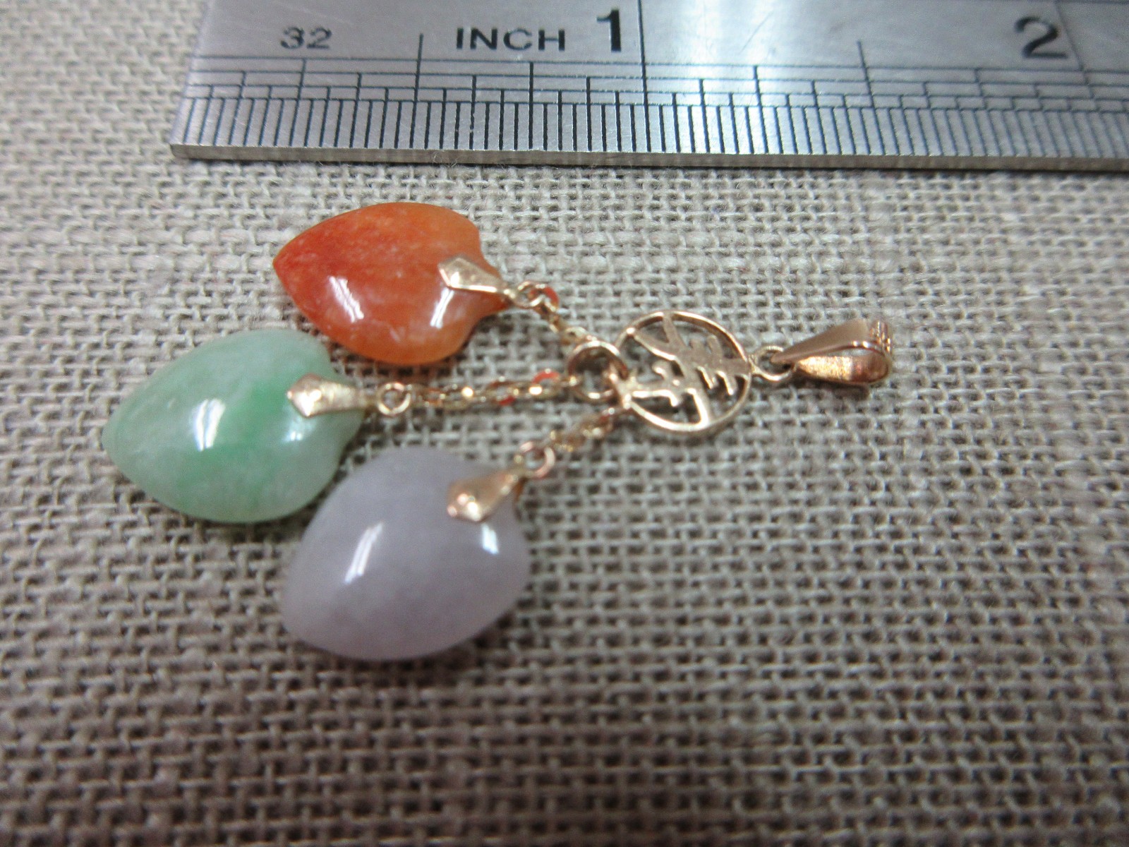 14k Solid Y. Gold Green Brown Lavender Jadeite Jade 3 Heart Pendant Longevity