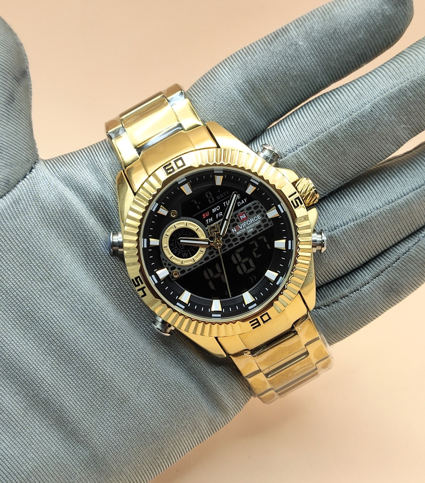 Amazing Naviforce Double Display Gold Plated Refurbished Men’s Wrist Watch