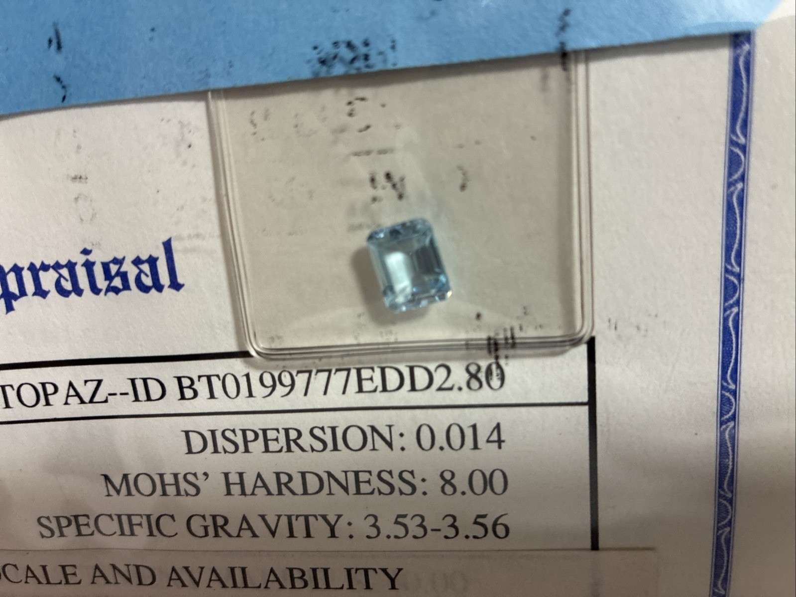 Genuine Blue Topaz 2.80 Carats w Certificate of Appraisal Included