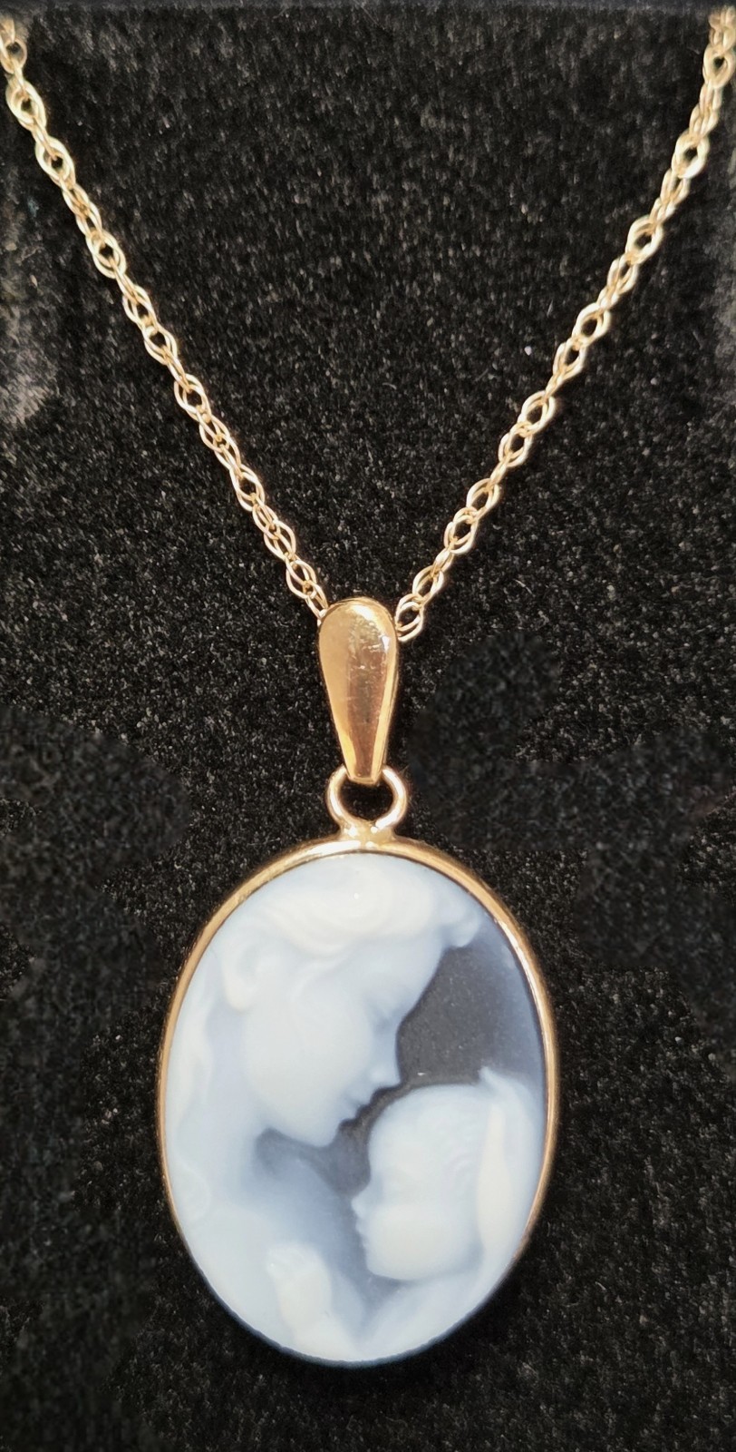 10k Gold Mother Child Blue Oval Cameo Pendant 18″ Necklace Heaven’s Gift Baby