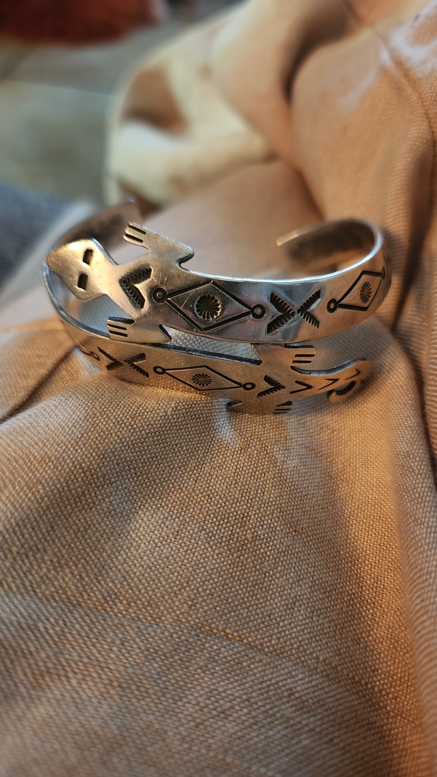 Vintage Navajo Gecko Lizard Wrap Cuff Bracelet Hand Stamped Sterling