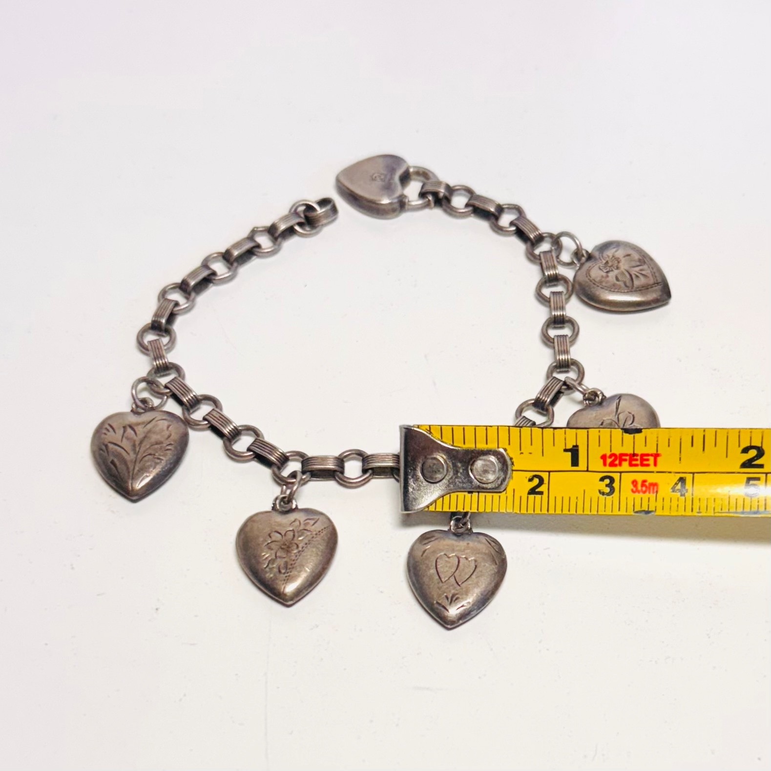 WALTER LAMPL Sterling silver bracelet puffy heart charm lock engraved vint 14.9g