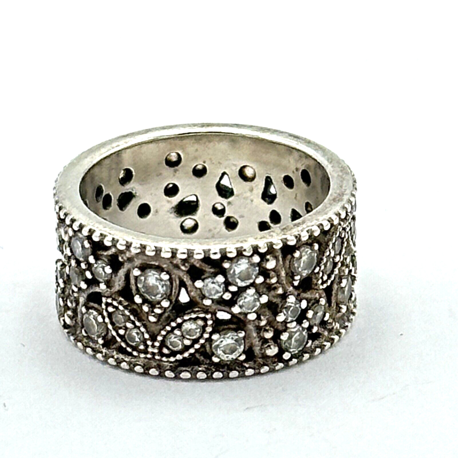PANDORA Shimmering Leaves ring size 5.25 sterling silver clear CZ 10mm wide band