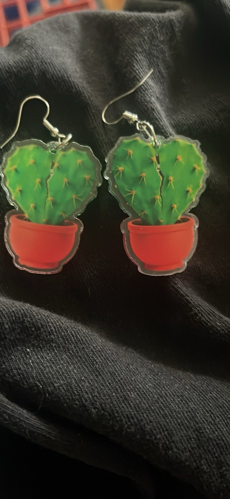 Cactus Acrylic Dangle/Drop Hook Earrings Green & Red Nature Theme No Stone
