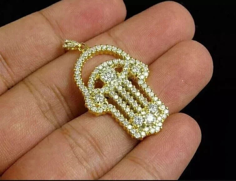 2 CT Round Cut White Moissanite Hamsa Hand Pendant 14K Yellow Gold Plated