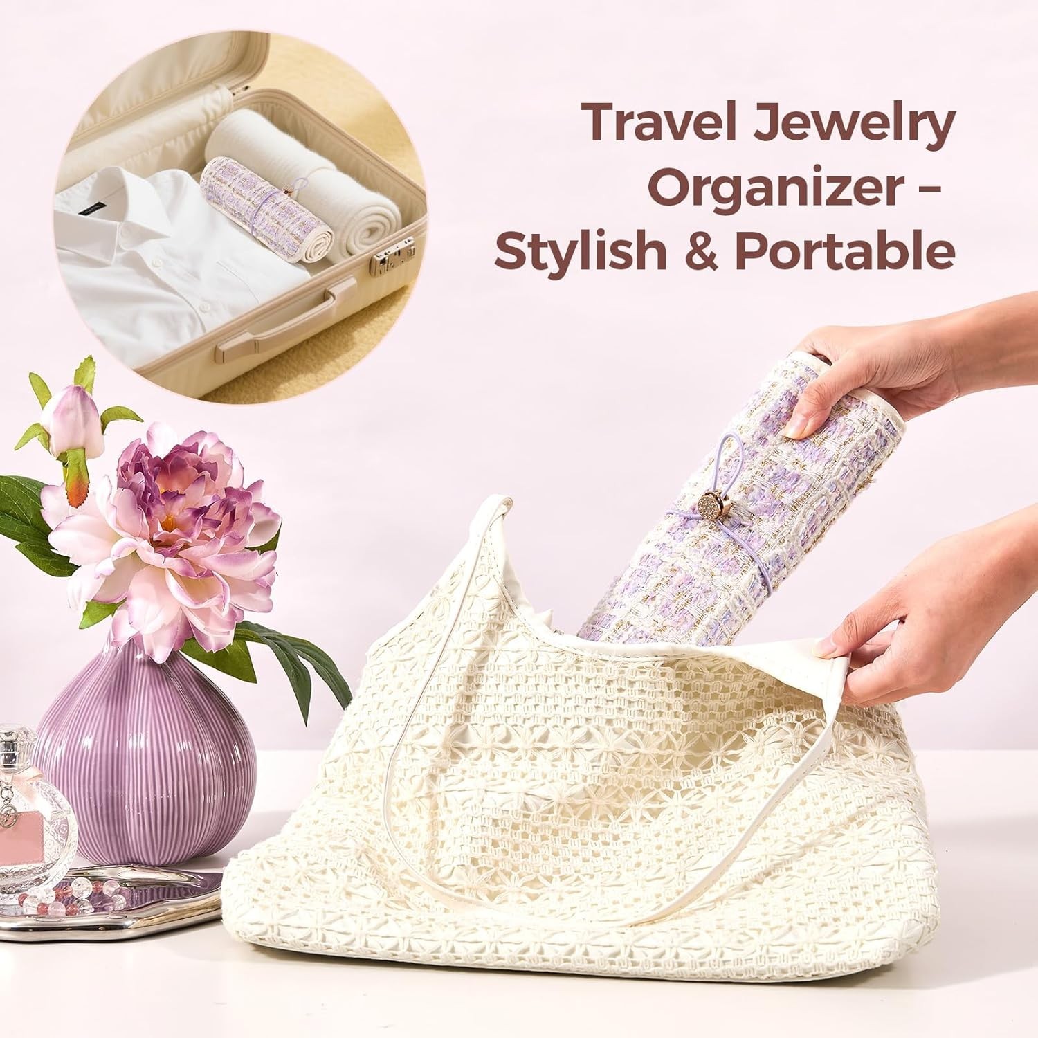 Travel Jewelry Organizer Roll W/ Zippered Pockets Hangable Tangle-Free Portable