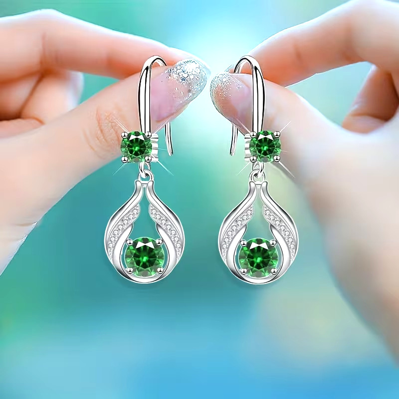 Fashion Shiny Zirconia Teardrop Dangle Earrings Plated White K Women Gift Green