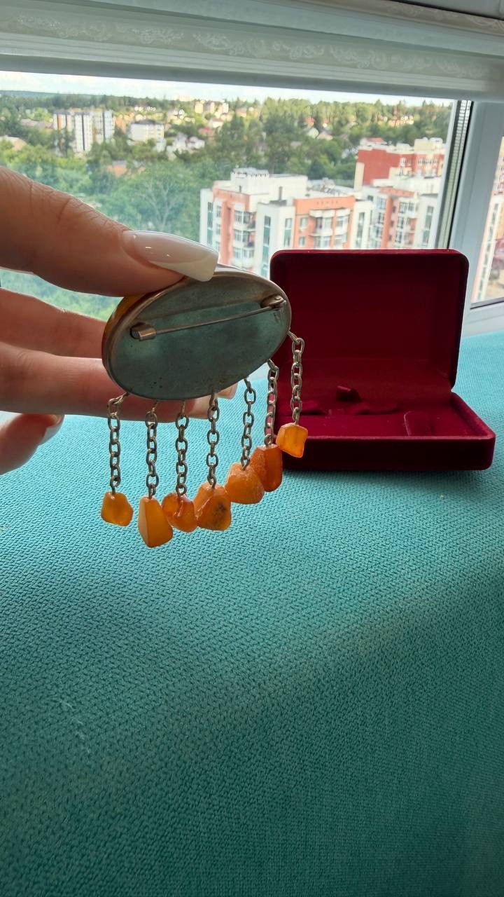 Vintage USSR Baltic Amber Mosaic Brooch Dangle Natural Amber 22g Rare