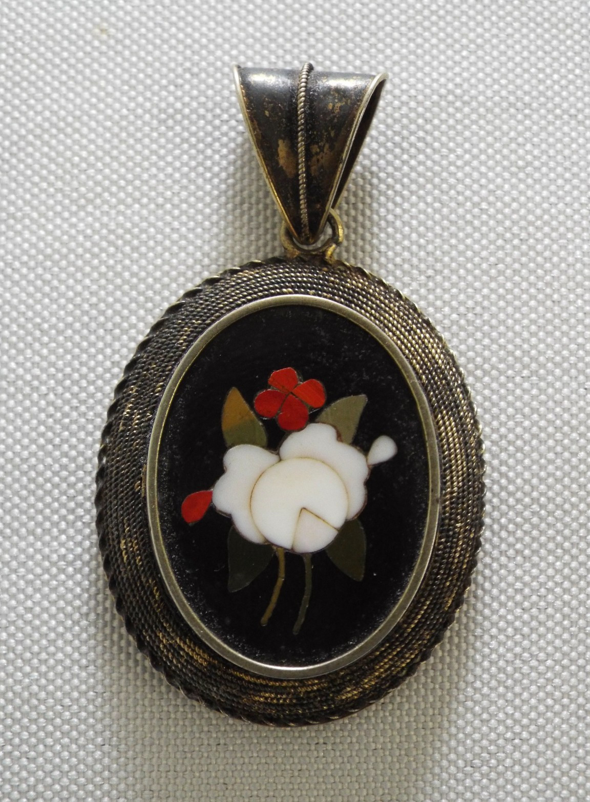 Antique Italian Pietra Dura Inlaid Mosaic 2 Sided Pendant Sterling Silver 12.1g