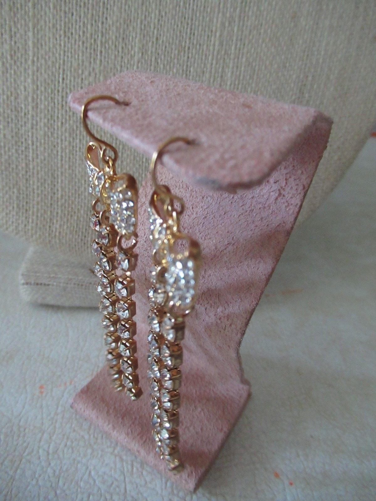 NWT ABS Gold Tone Pave Bow Tie Drop Earrings/ 3 Linear Rhinestone Strands-$55