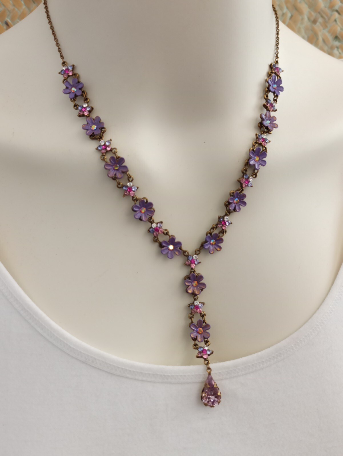 Michal Negrin Necklace Purple Flowers Pink Shades Crystals Cocktail Romantic Box