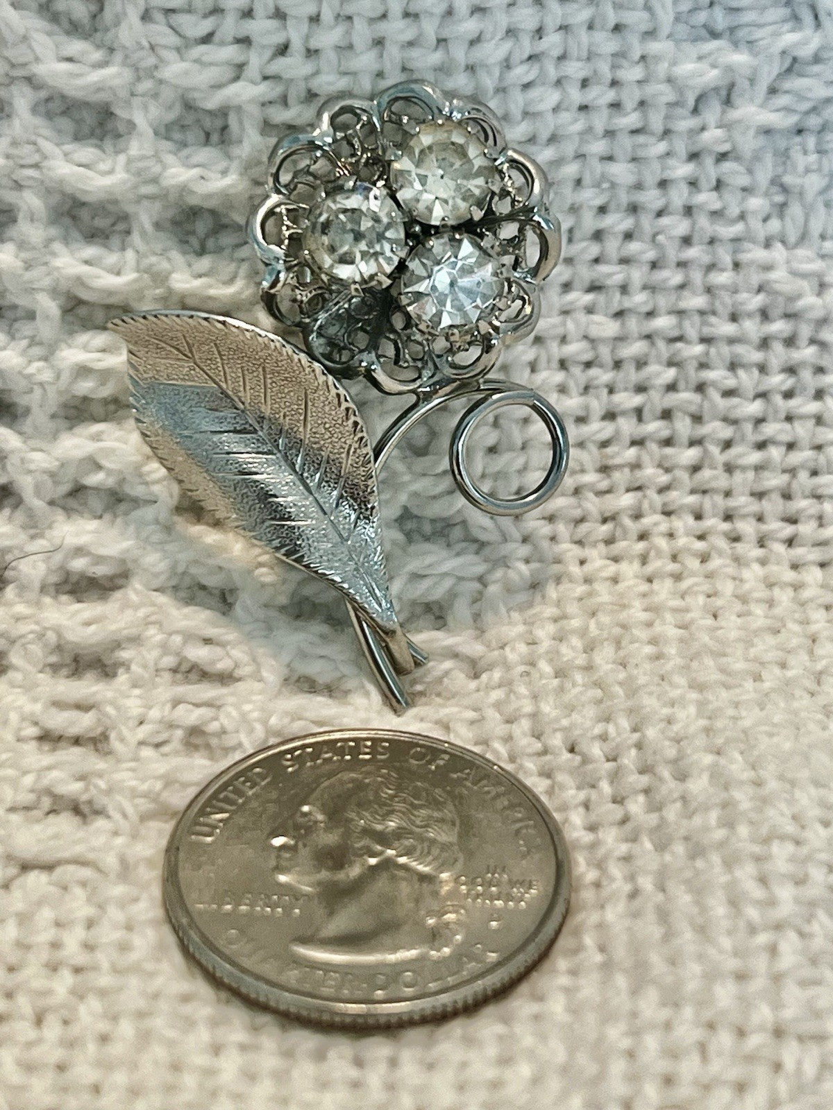 Vintage Crystal Flower Brooch Silver Metal Leaf and Filigree 1 3/4” Long