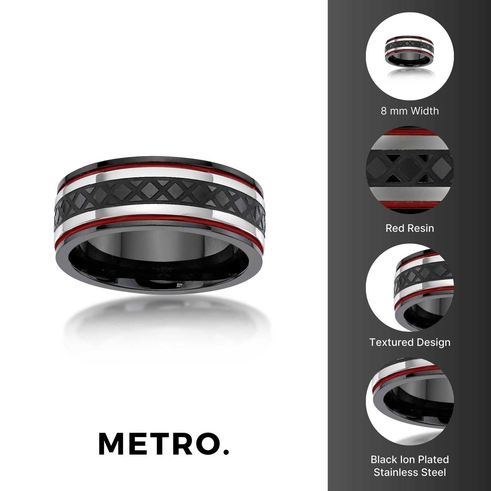 Stainless Steel Black Ion Plated Modern Striped Mutli-Color Red Resin Ring Sz 12