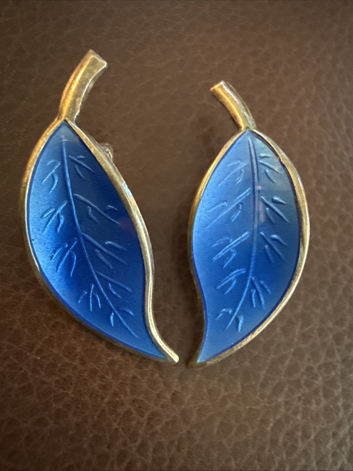 David Andersen Leaf Earrings Guilloche Blue Enamel Sterling Silver Norway 925S