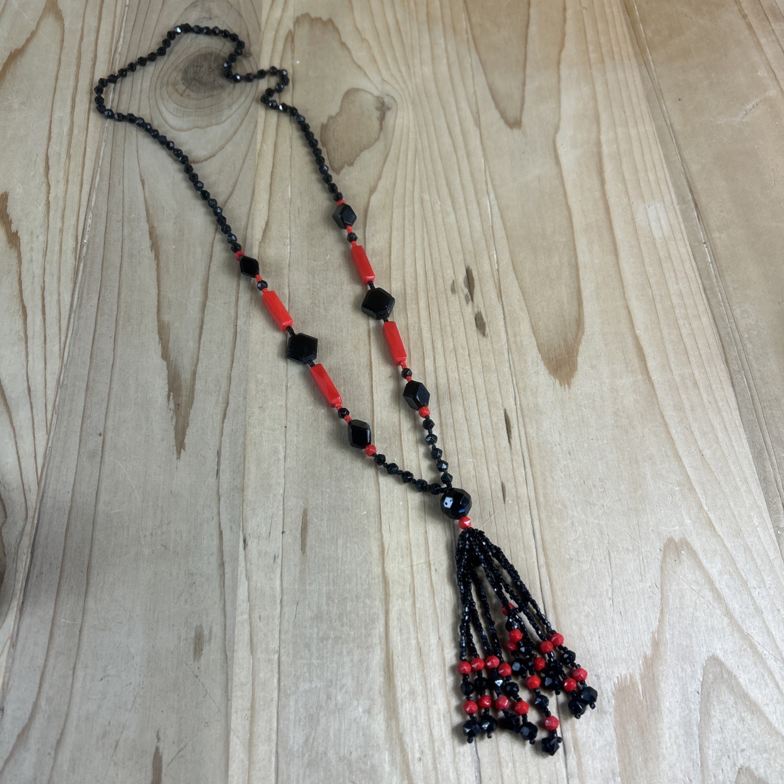 Beaded Tassel Necklace 30” Black Red
