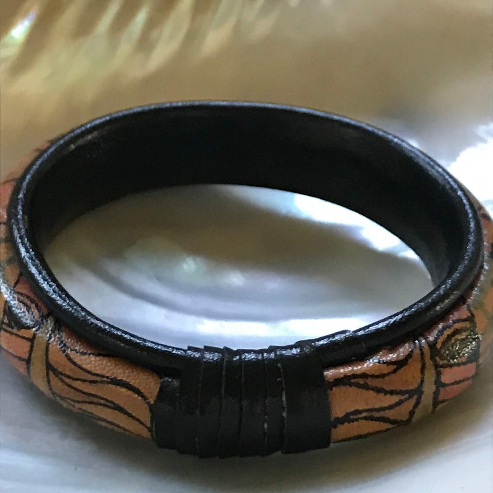 Estate Black with Brown Faded Blue Pink & Orange Arts & Craft Leather Bangle