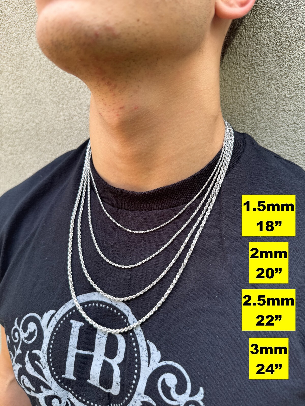 Real Solid 925 Silver W. Rhodium Finish Rope Chain 1.5-6mm Necklace Mens Ladies