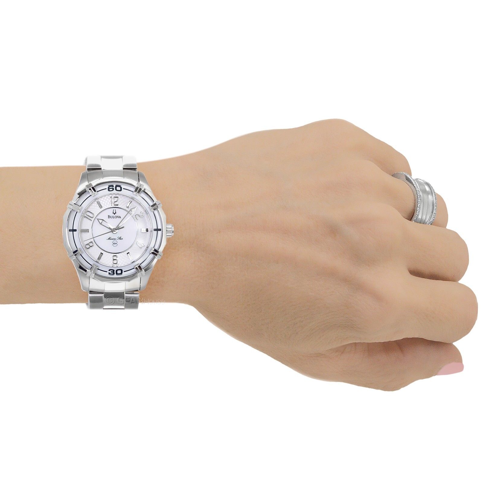 BULOVA Marine Star Womens Watch, White MOP Dial, Silver Stainless Steel Band