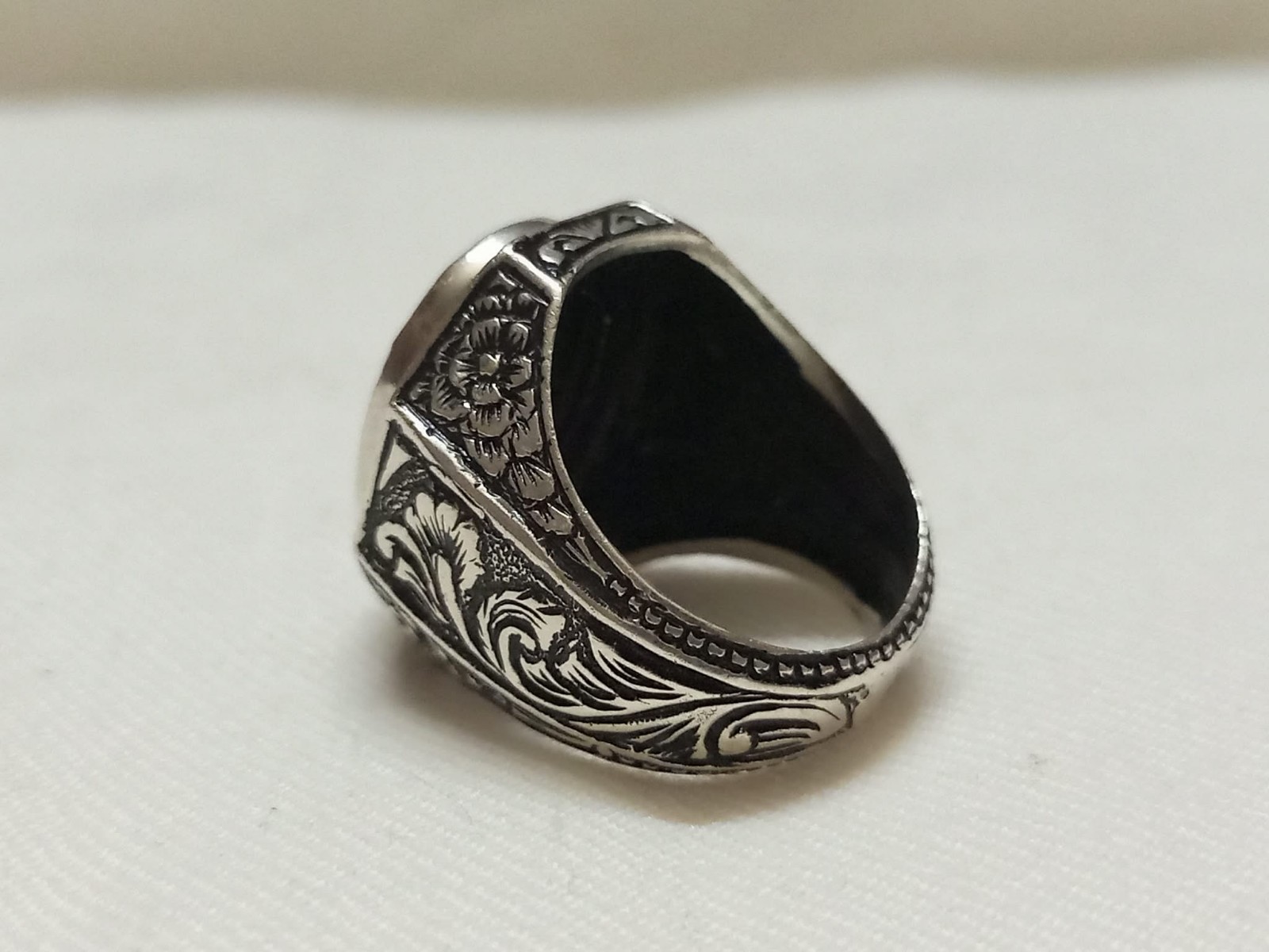 Vintage Turkish Men’s Ring 925 Sterling Silver Black Onyx Carved Engraved 18.4g