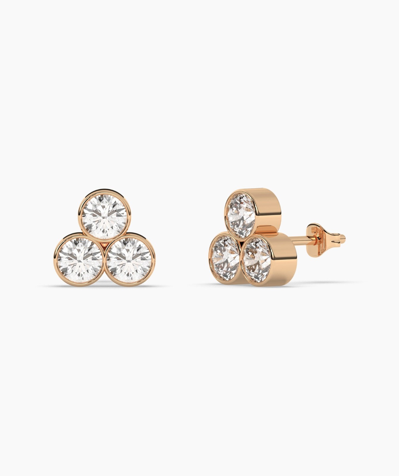 Round Cut Lab Grown Diamond 14K Solid Gold Dainty Trio Bezel Set Stud Earrings
