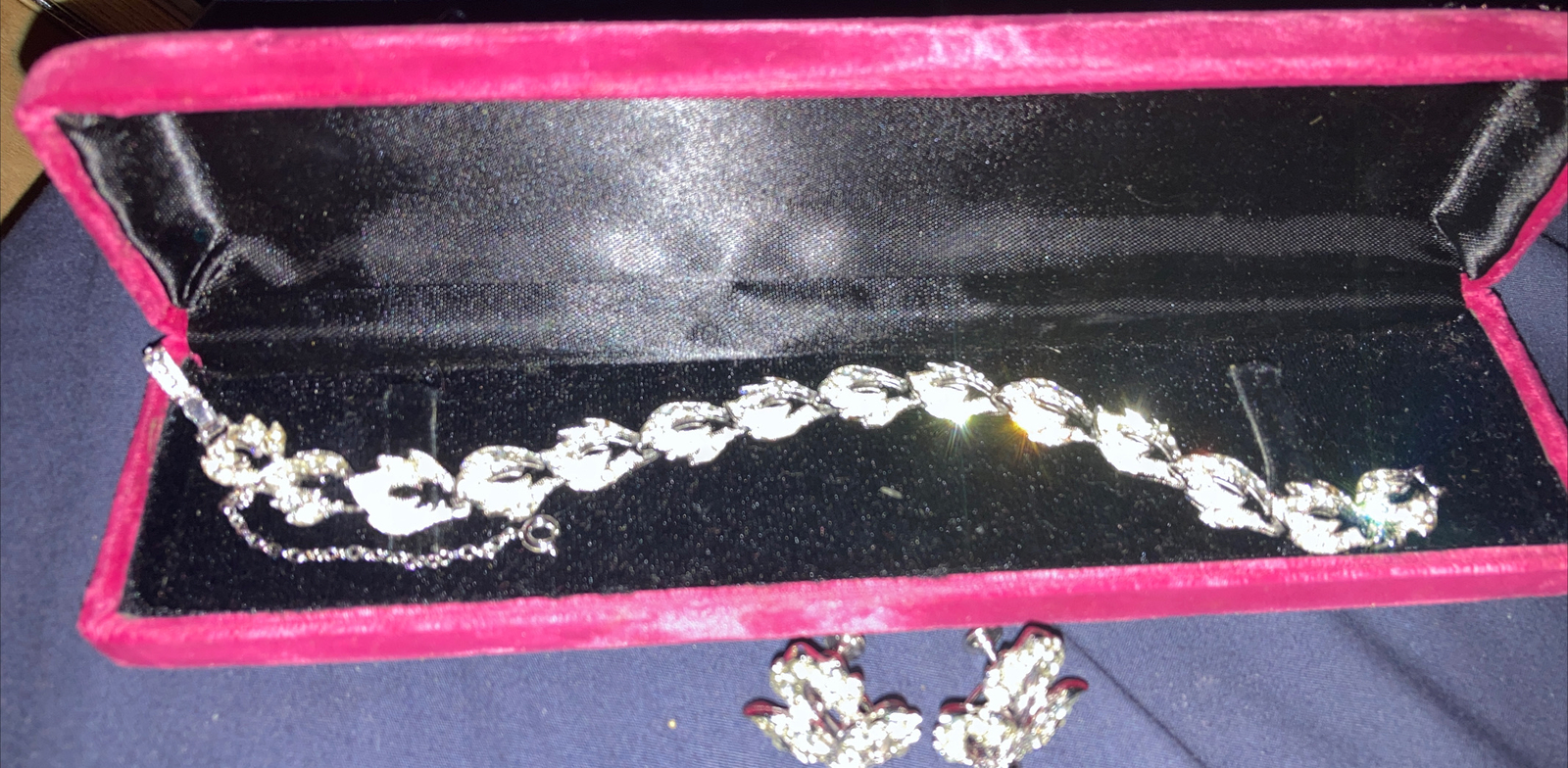 Vintage Ora Rhinestone SilverTone Safety Chain Bracelet 8”+ORA Earrings Set