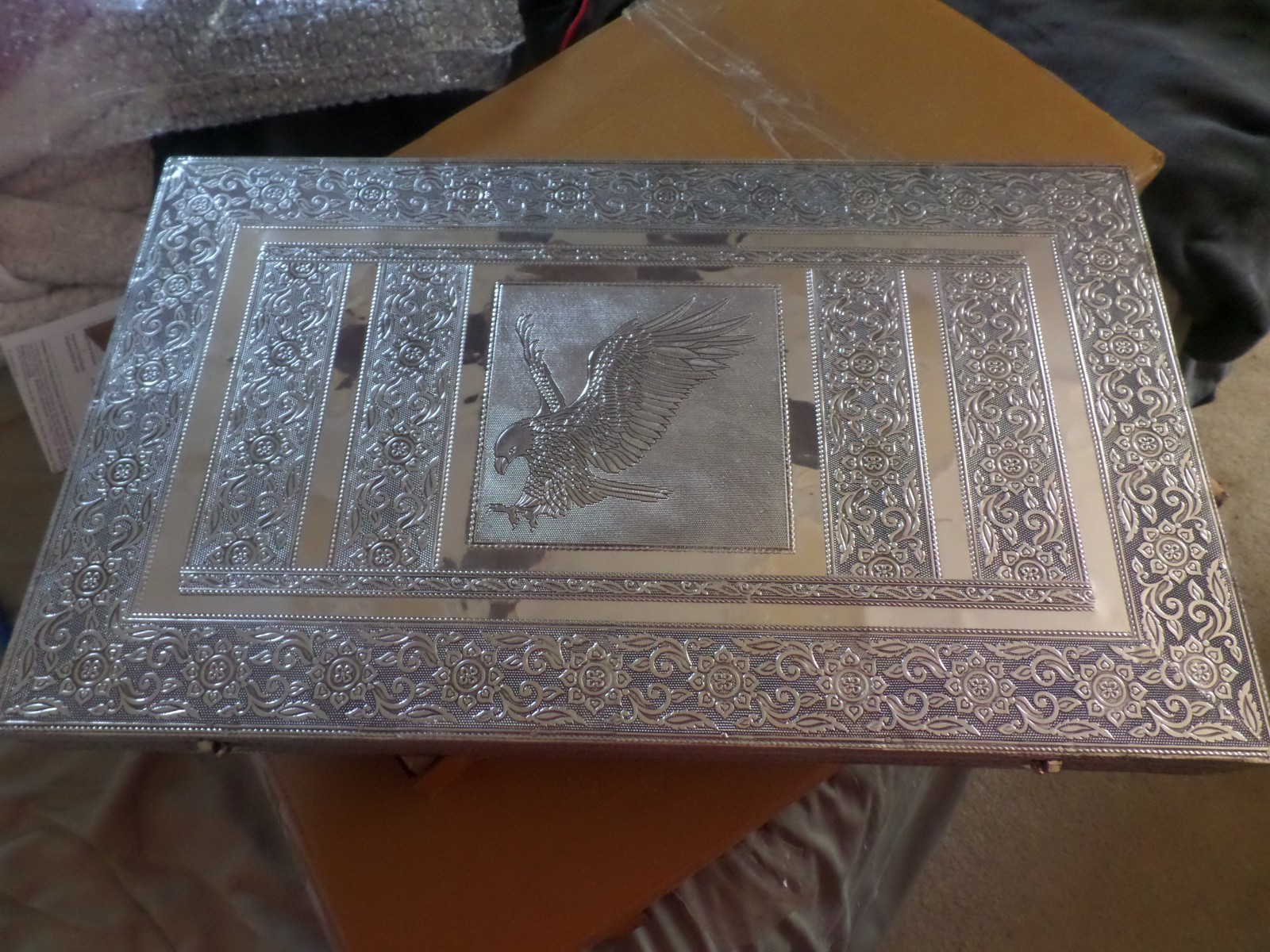 handcrafted esgle embossed oxidized aluminum large jewery box 22x13x2