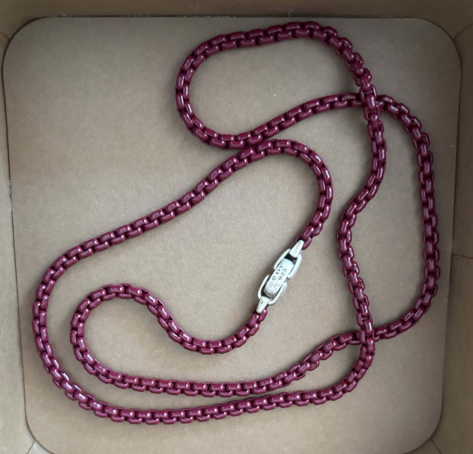 David Yurman Box Chain Necklace Sterling Silver And Burgundy Steel 24 Inch BNIB