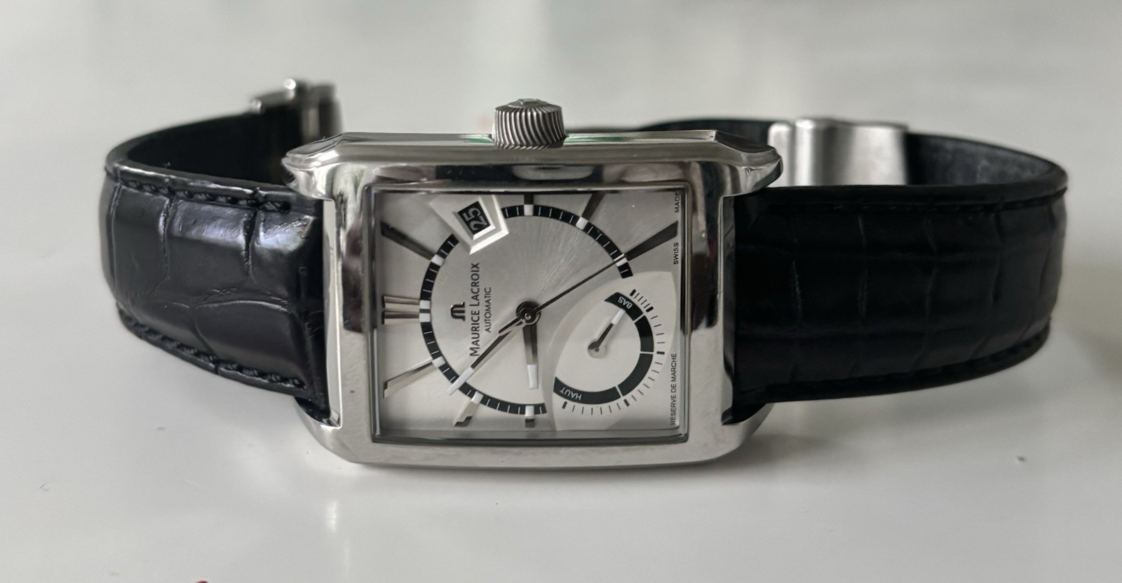 Maurice Lacroix Pontos Rectangular Auto Date Power Reserve Silver Dial Leather