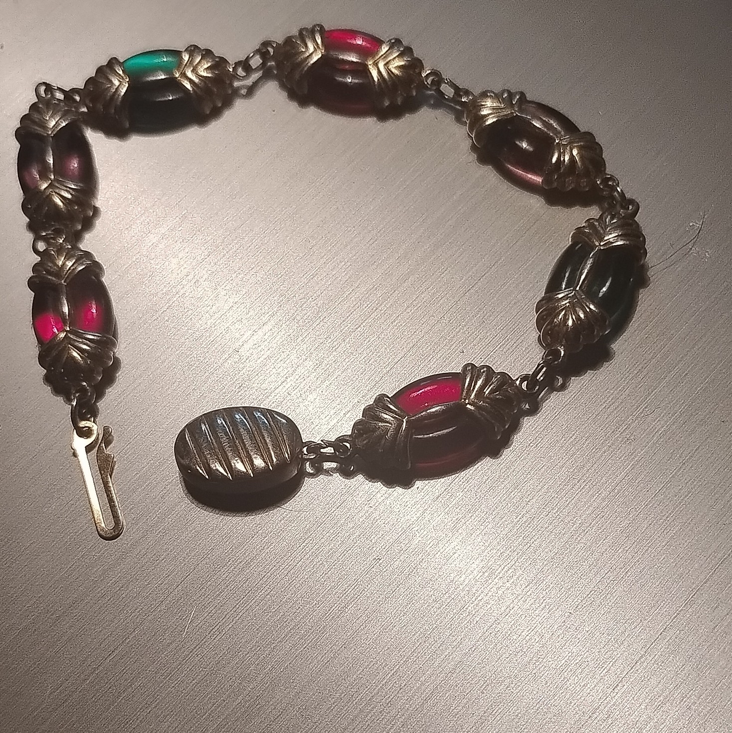 Swarovsi Gold Tone Cable Chain Bracelet Red Green and Purple Oval Glass Beads