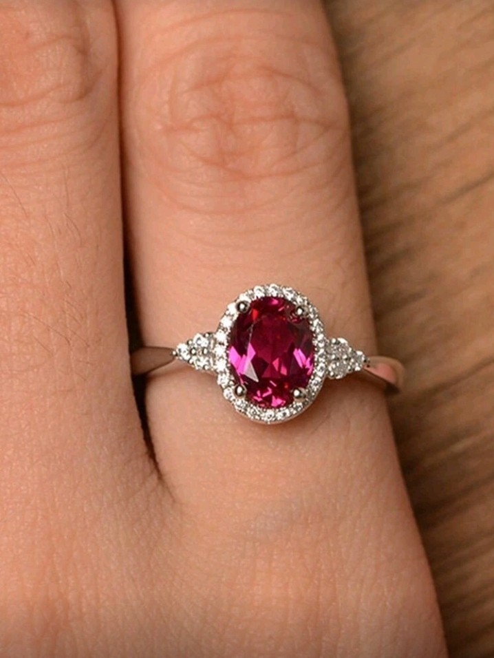 Silver-Plated Zinc Ring Hot Pink Oval CZ With White/Colorless Inlay Size 8