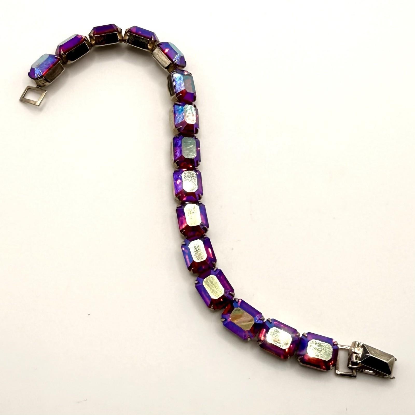 Signed Weiss AB Crystal Bracelet | Purple Pink Emerald Cut Rhinestones