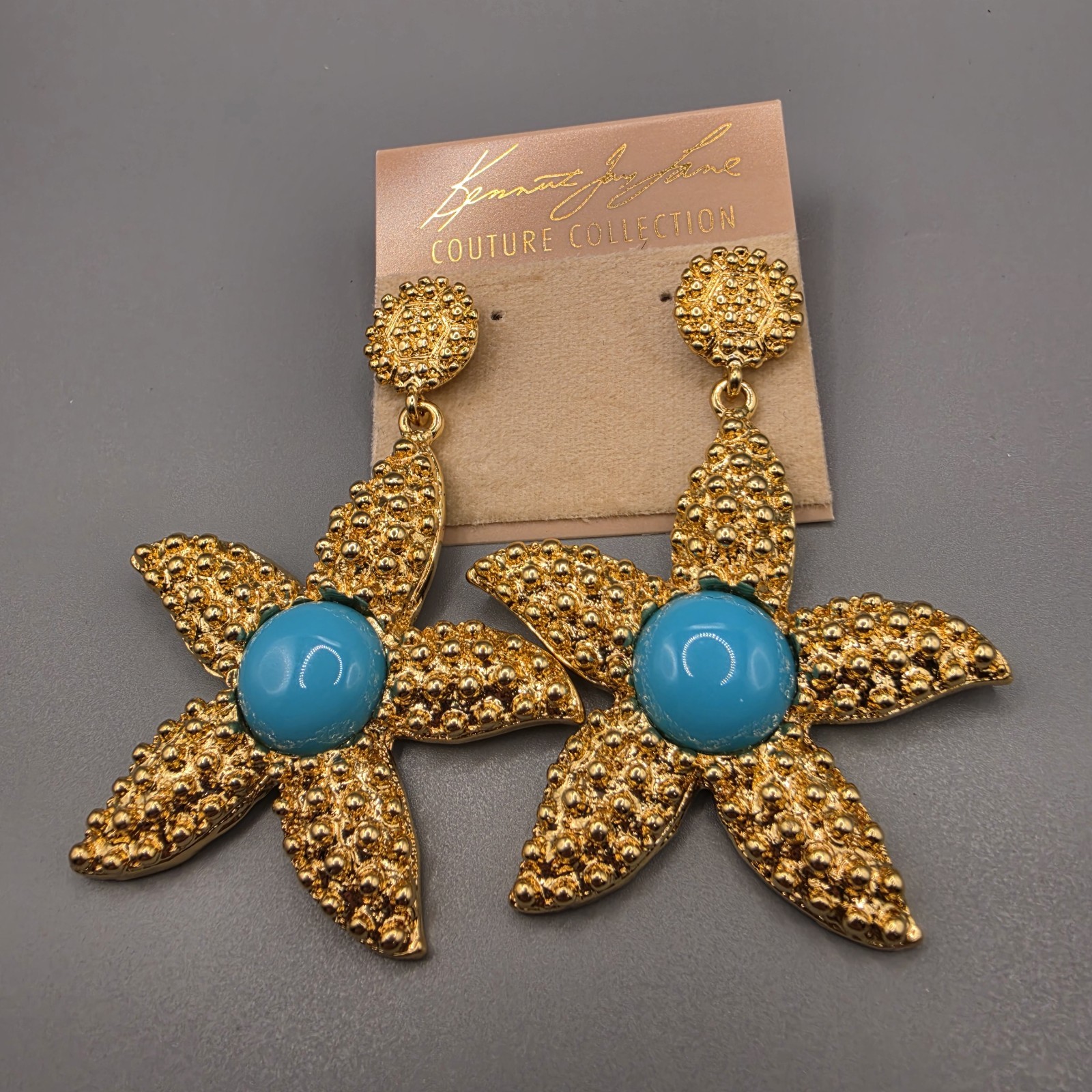 NWT KENNETH JAY LANE KJL Earrings Faux Turquoise Cabochon Goldtone Starfish Sea