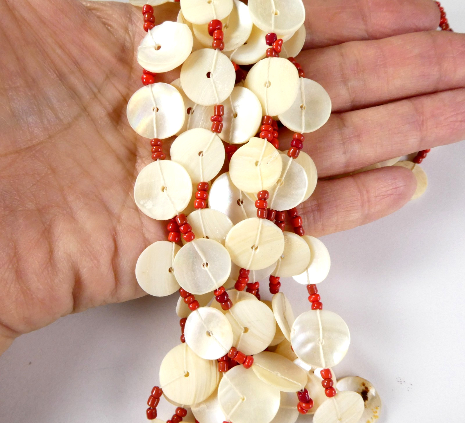 Vintage MOP Shell Disc Button Necklace Multi Strand w/ Coral Seed Beads LOVELY!