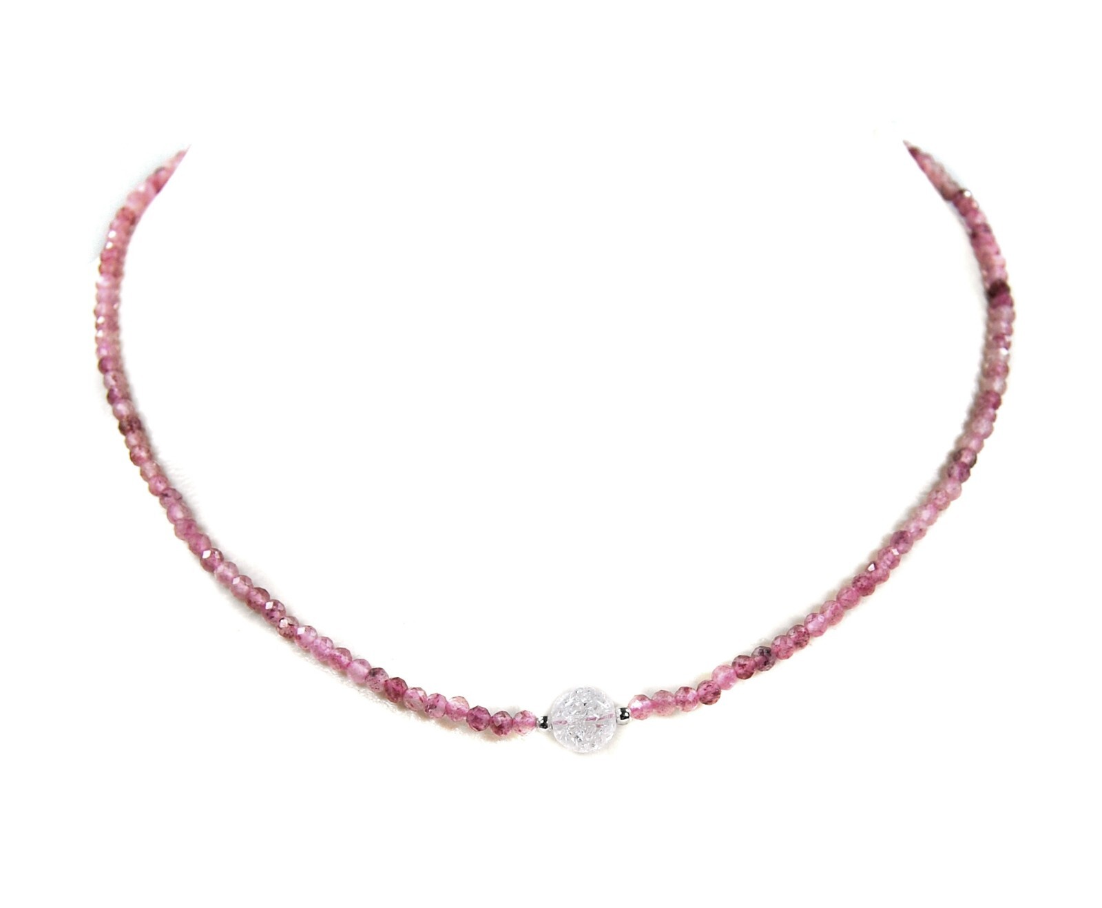 Healing Stone Strawberry Quartz Necklace 925 Silver Faceted Ø-3 mm with Rock Crystal Bead