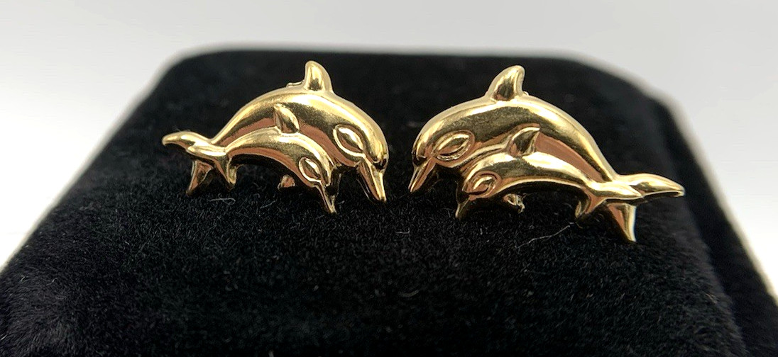 18k .750 Gold DOLPHIN Earrings,14.3mm x 10.2,1.5g,by “AR 348”, FREEgfBx($5valu.