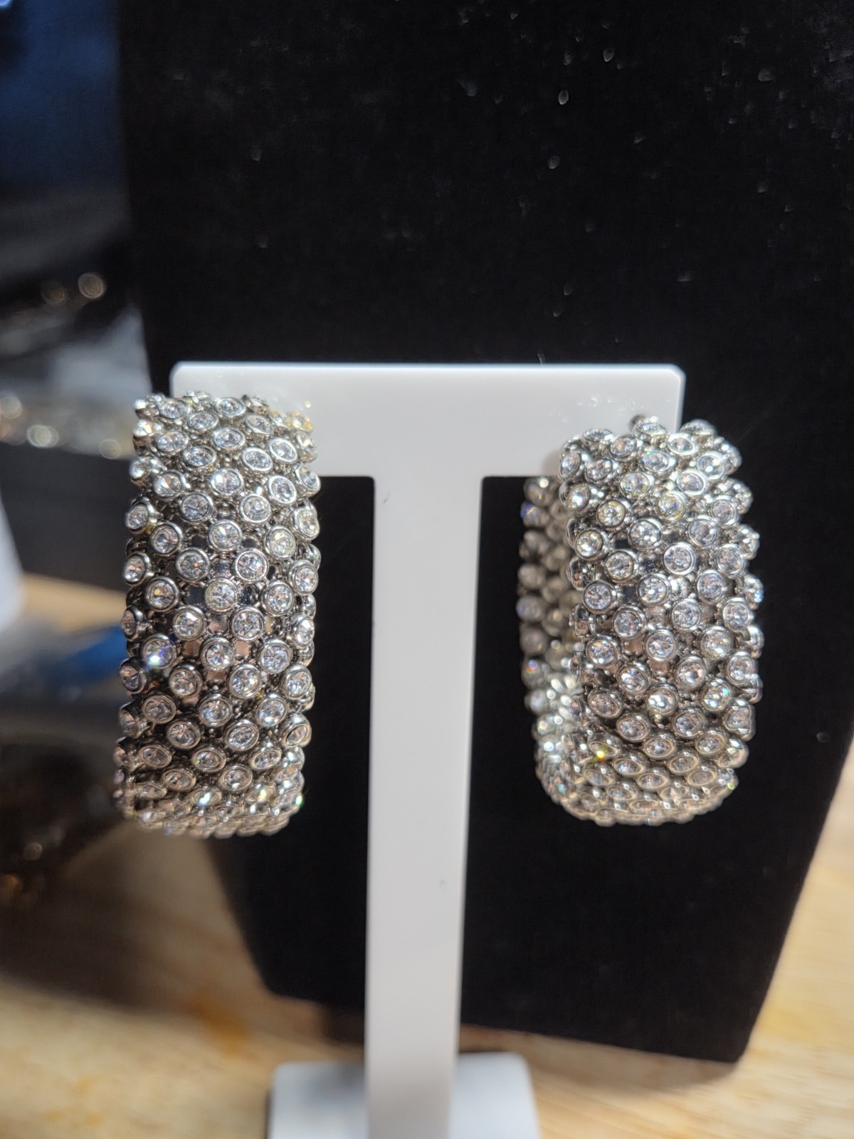 Silver Tone Clear Rhinestone Wide Hoop Earrings 2″ Sparkly Latch Back