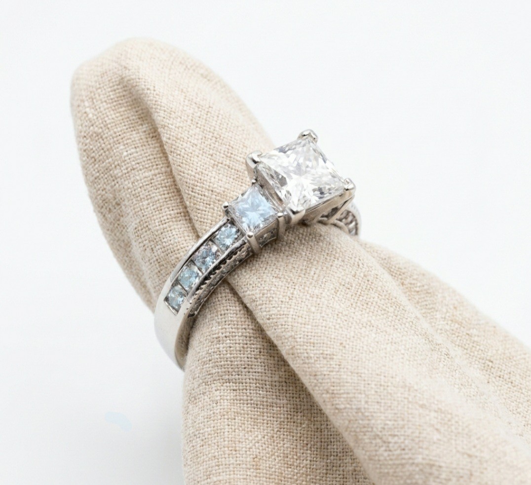10K White Gold 3-Stone CZ Ring Princess Cut Channel Set Size 10 Statement
