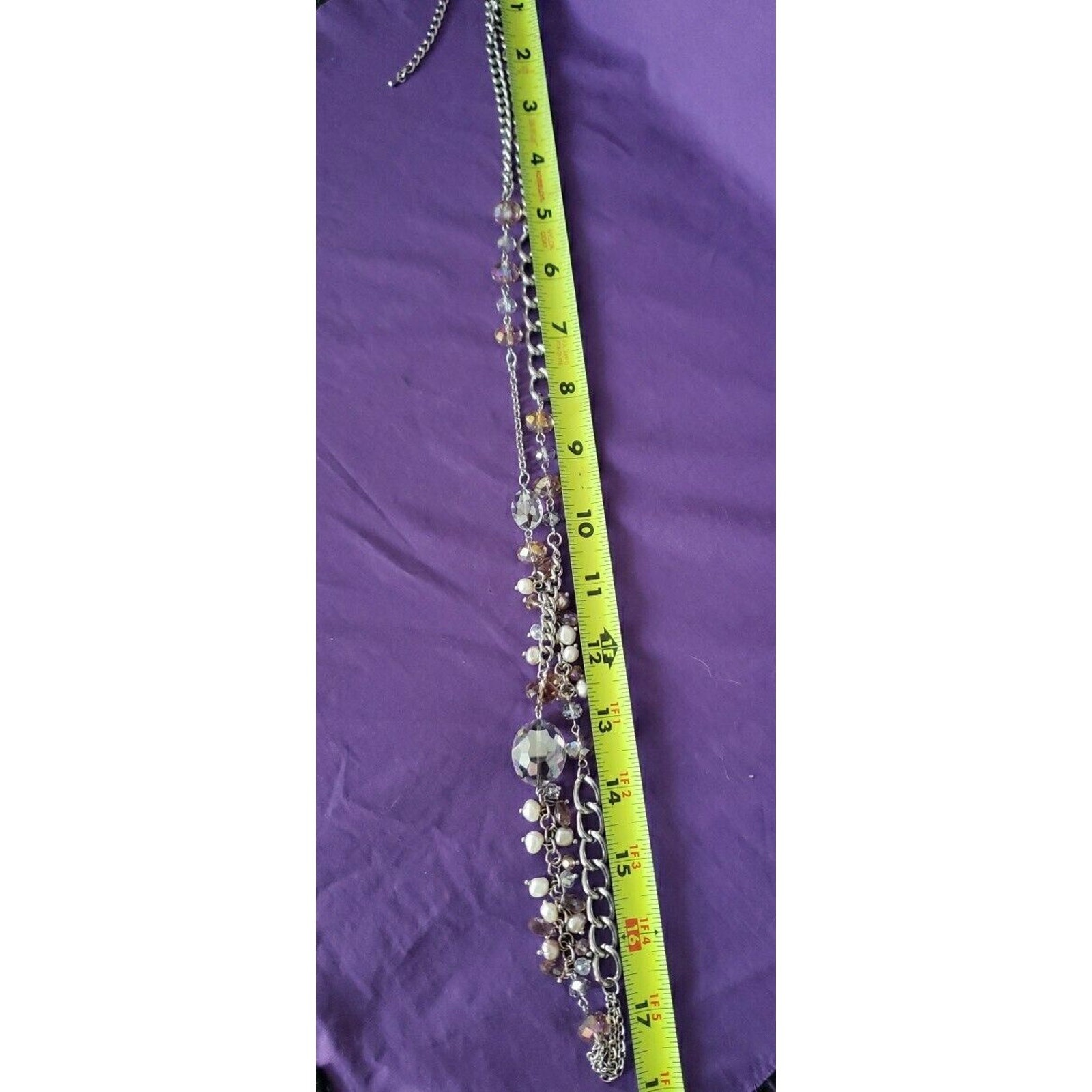 Long Silver Tone Glass Crystal Asymmetrical Necklace, Faux Pearl & Bead Baubles