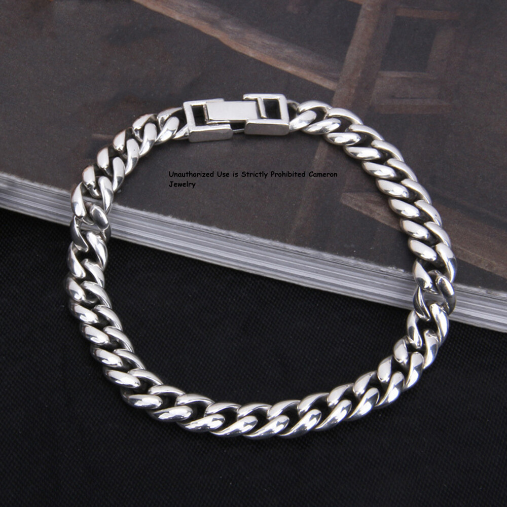 Pure S925 Sterling Silver Chain 6mm Cuban Curb Link Bracelet 6.7-8.3inch
