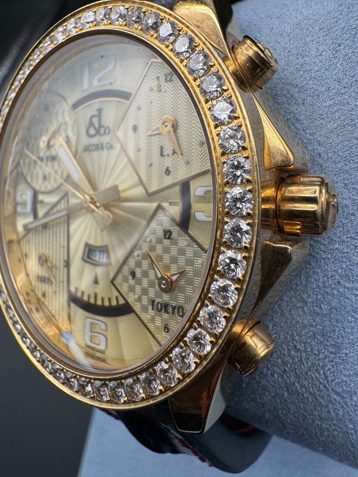 Jacob and Co Five Time Zone Yellow Gold Case Diamond Bezel “Pacific Bay”