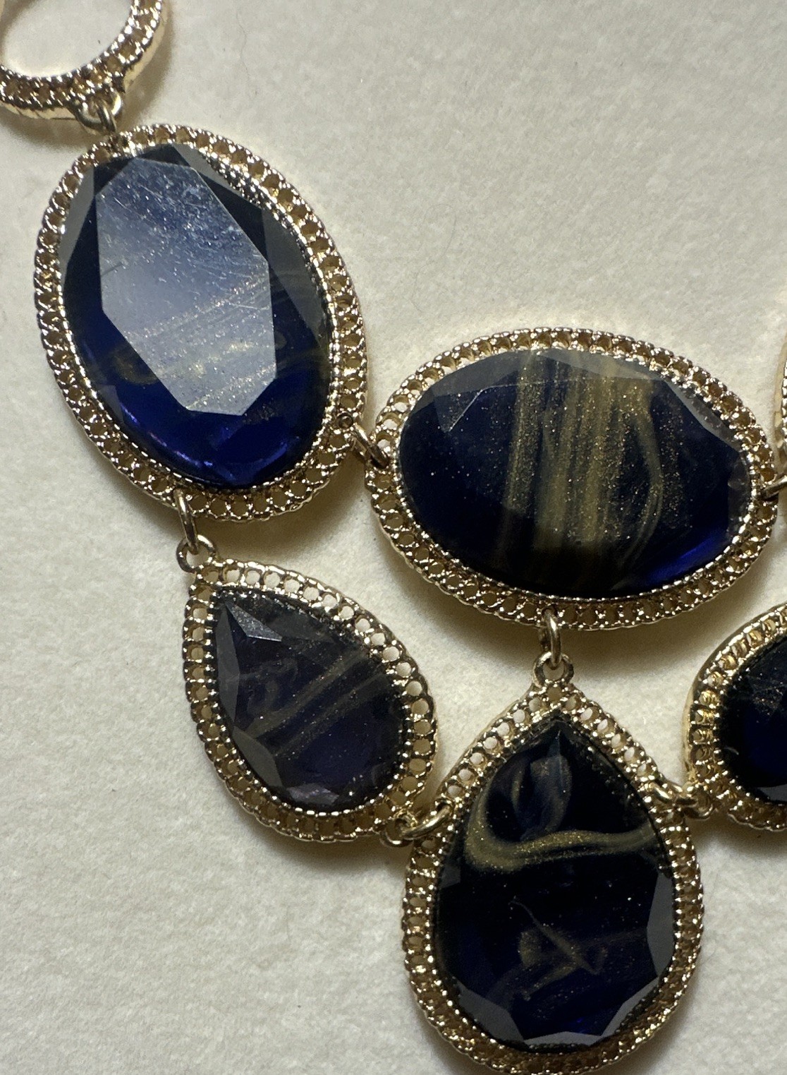 Gold Tone Blue & Gold Marble Faceted Oval Bezel Statement Necklace Adjustable