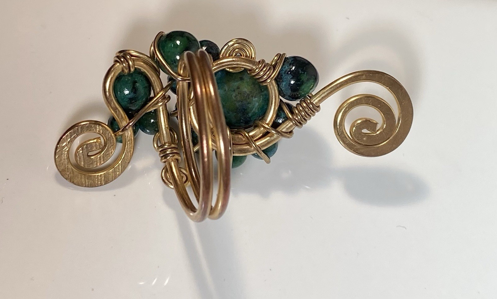 Handmade ring, green and blue gemstones, wire-wrapped in gold-toned metal