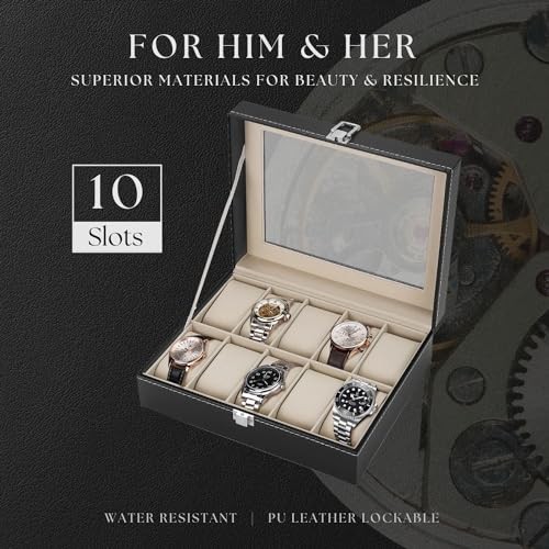 Watch Box Organizer for Men and Women – 10 Slot Watch Storage Box with Top