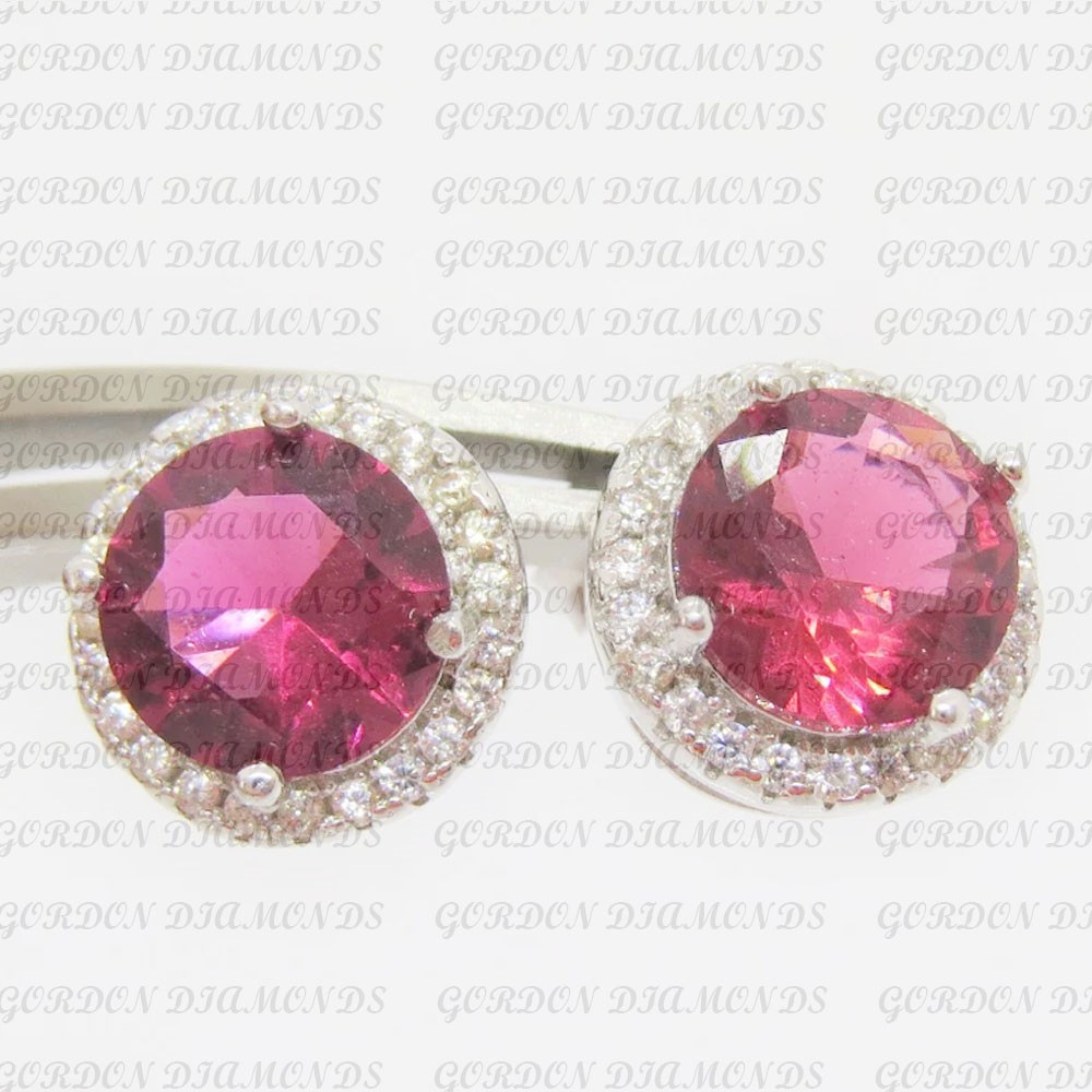5.60Crt Round Natural Tourmaline Diamond Stud Pair Earring 18K White Gold Plated