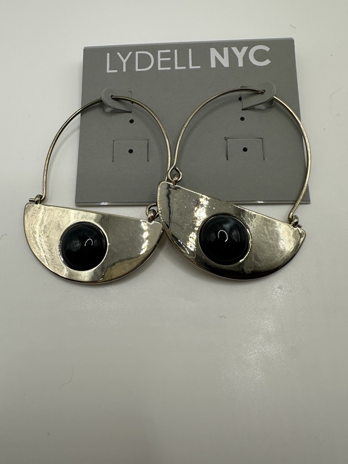 NWT LYDELL NYC Silver Tone Geometric Dangle Earrings W/Black Acrylic Stone 2”L