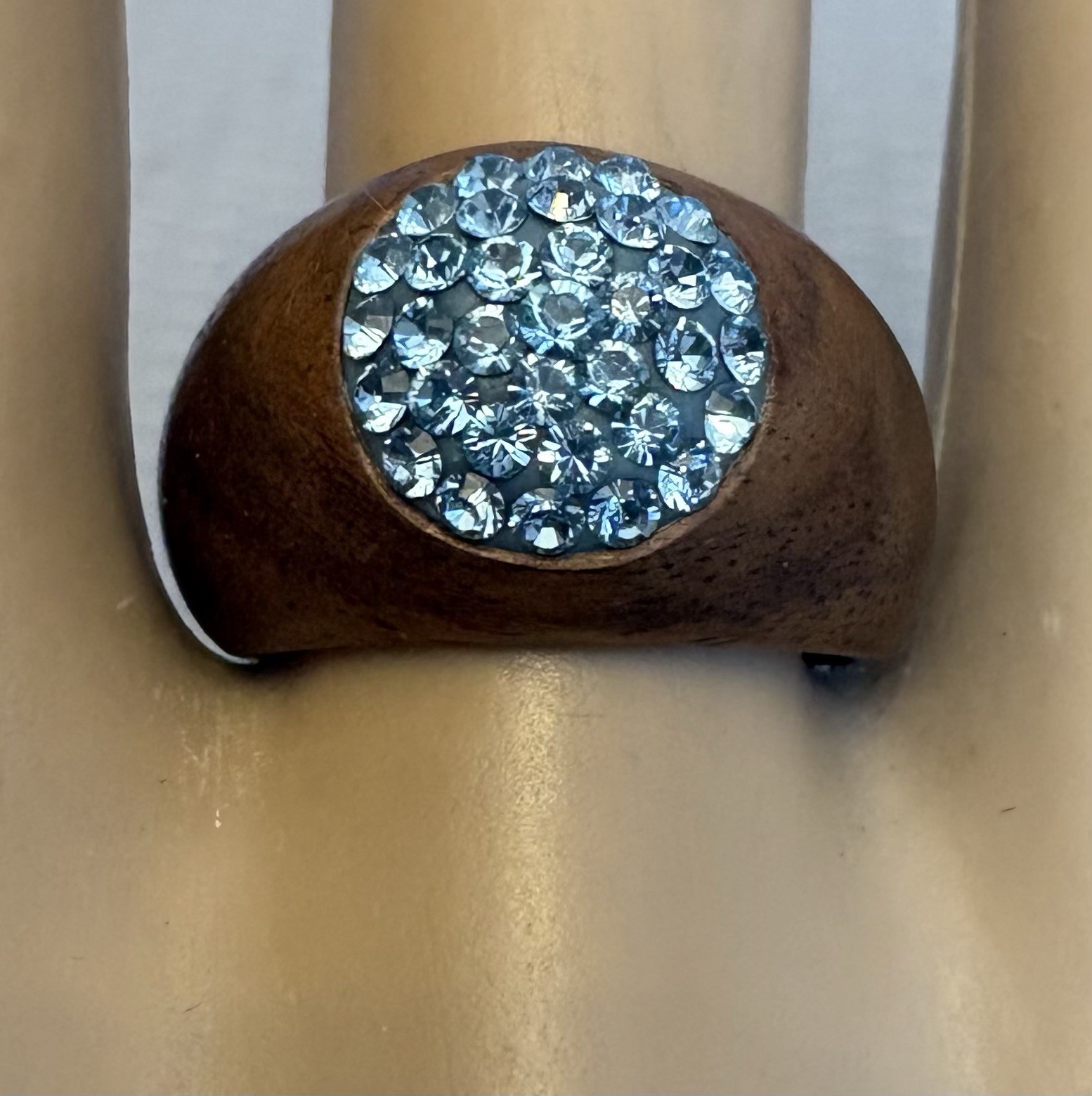 Walnut Wood Ring Aqua Swarovski Crystal Pave Set Dome size 7.25