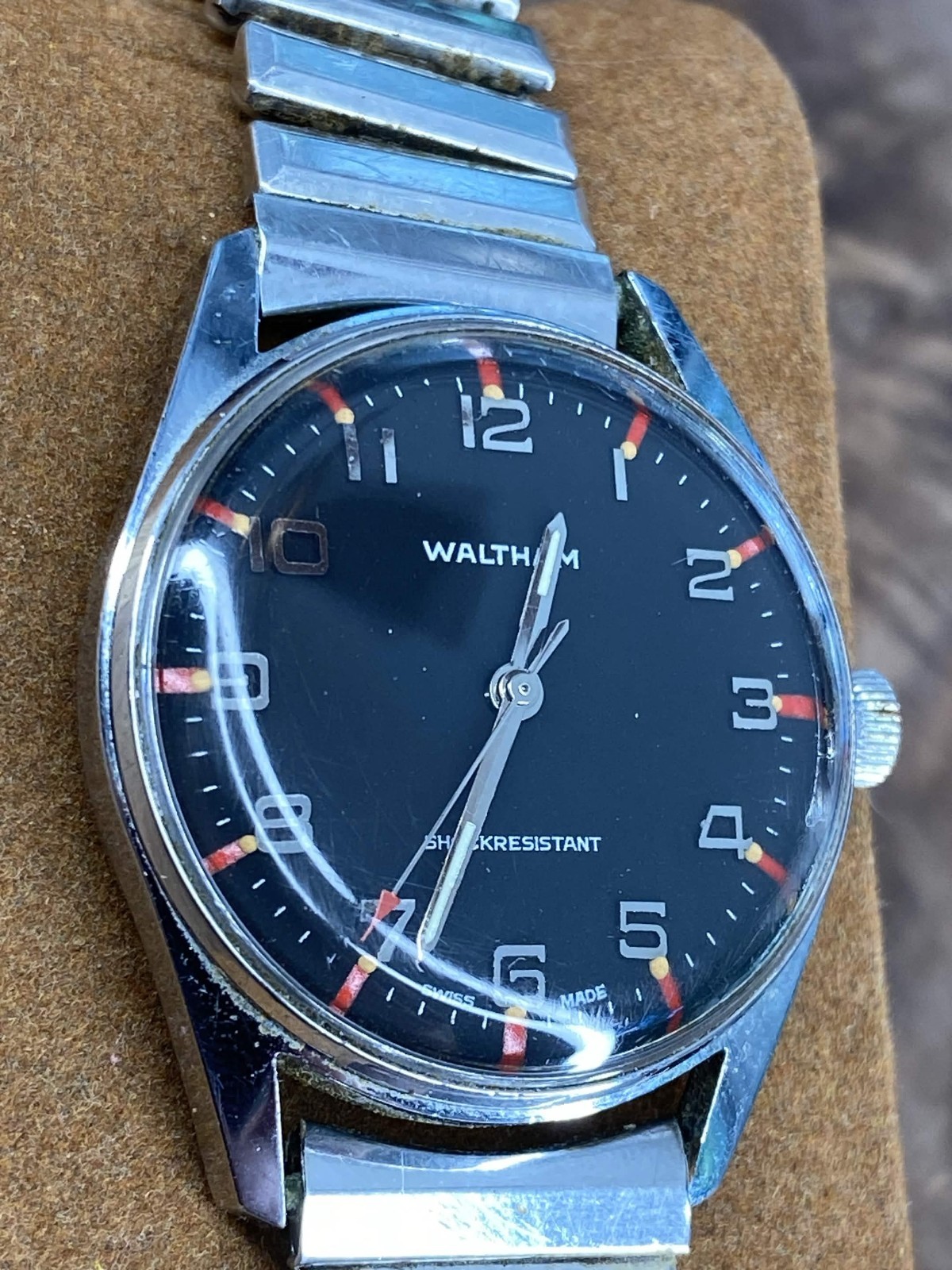 Vintage Waltham Swiss Mech. Watch Matte Black Dial Orange Racing Accent BOX