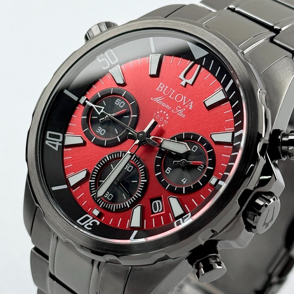 Bulova Men’s Marine Star Chronograph Quartz Red Dial Gray Stainless Watch 98B350