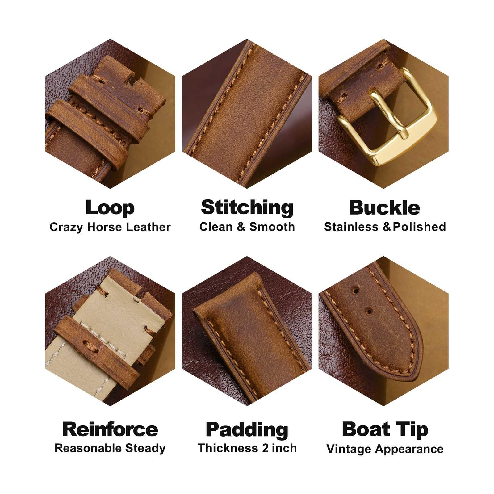 18mm Genuine Leather Watch Band with Gold Buckle (Caramel Brown)